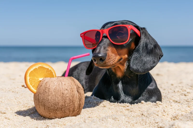 Black and tan dachshund wearing red sunglasses lounging on sandy beach beside coconut drink with orange slice and pink straw, ocean in background