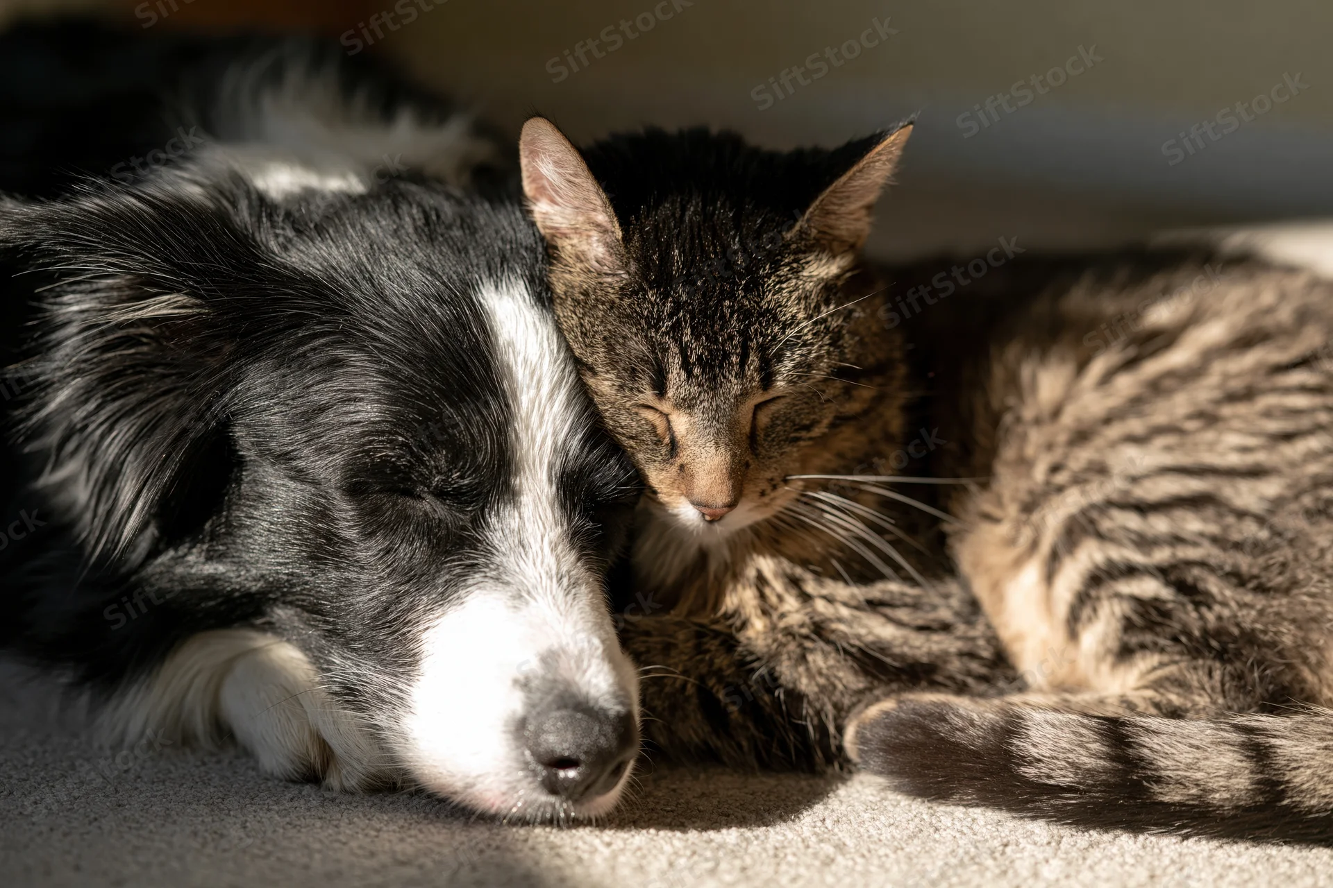 Black and white border collie sleeping beside a tabby cat on carpeted floor