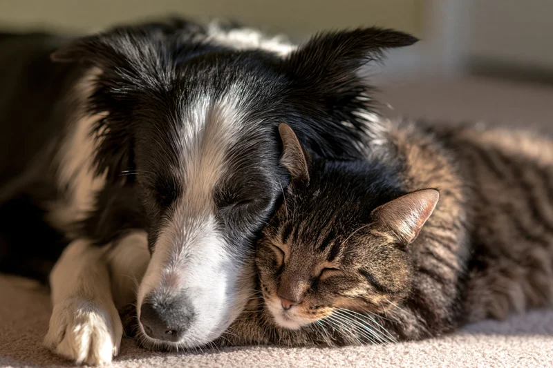 Black and white border collie sleeping with tabby cat on carpeted floor