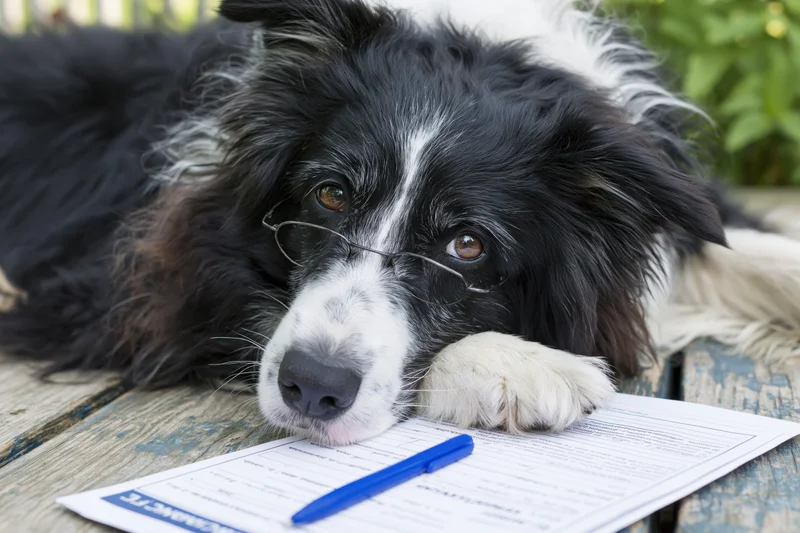 Border collie wearing glasses resting head on document with pen on wooden table outdoors