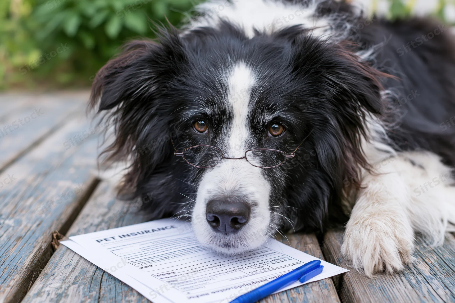 Border collie wearing glasses lying on wooden table with pet insurance form and pen