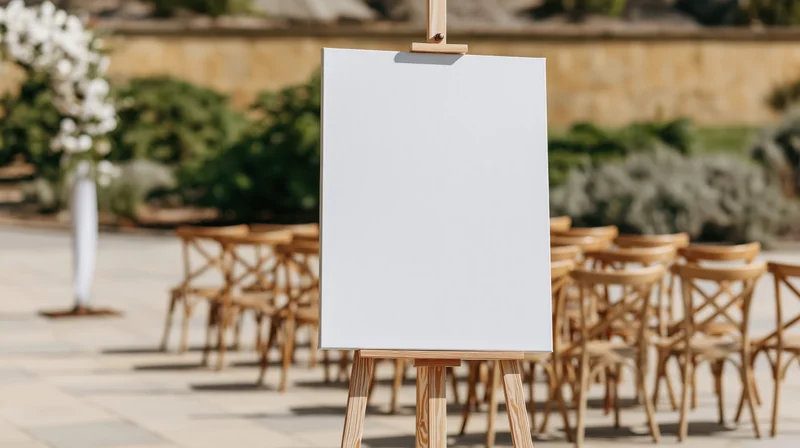Blank white canvas on wooden easel in outdoor wedding setup with chairs and floral decor