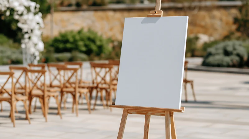 Blank white canvas on wooden easel in outdoor wedding venue with rows of chairs and floral arch in background