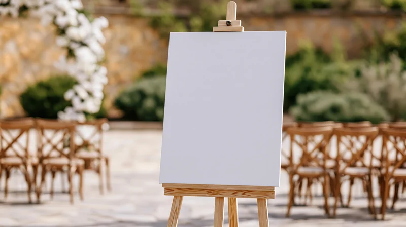 Blank white canvas on wooden easel in outdoor wedding ceremony setting with rows of chairs and floral arch in background