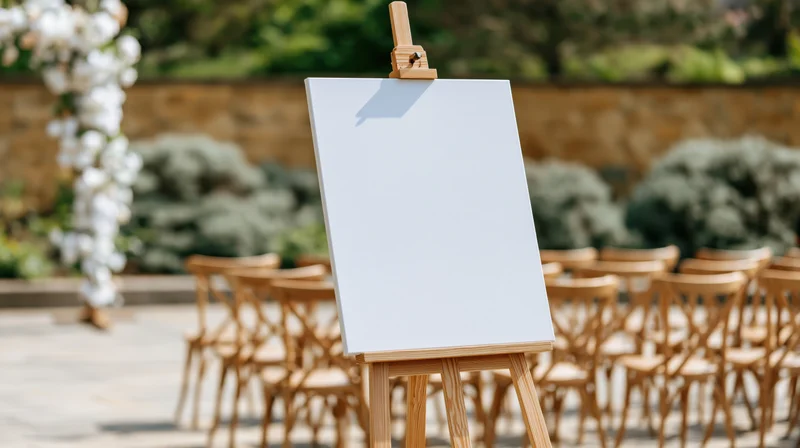 Blank white canvas on wooden easel in outdoor wedding ceremony setup with chairs and floral arch