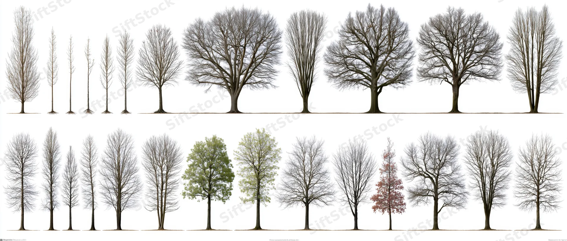 Botanical reference sheet displaying rows of leafless trees arranged horizontally on white background
