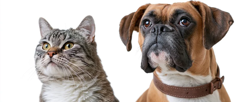 Boxer dog and tabby cat sitting side by side looking up against white background