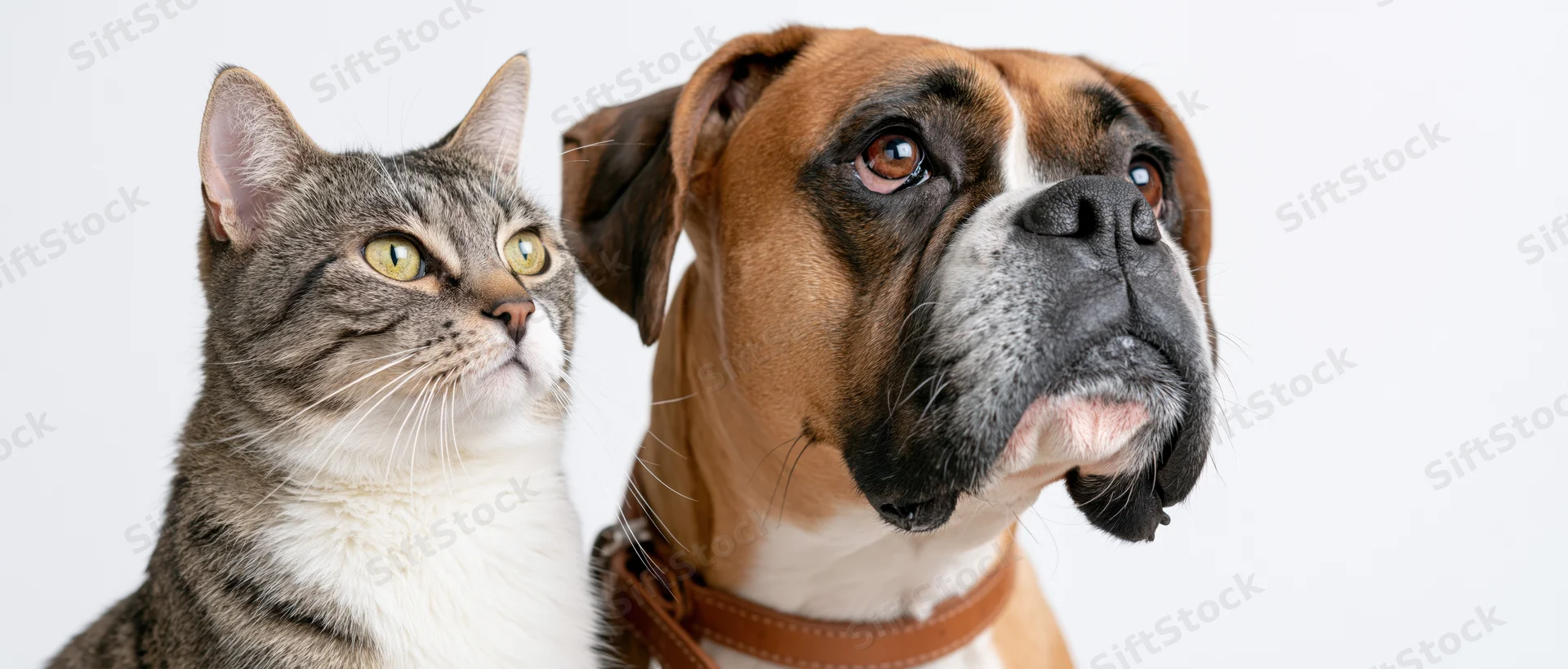 Boxer dog and tabby cat sitting close together in studio portrait against white background