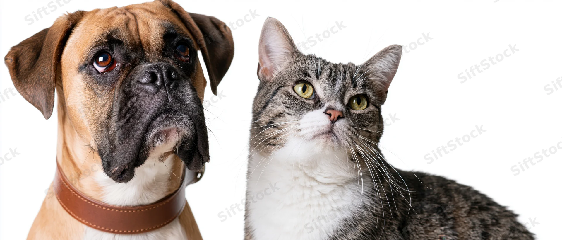 Boxer dog and tabby cat sitting side by side in studio portrait against white background