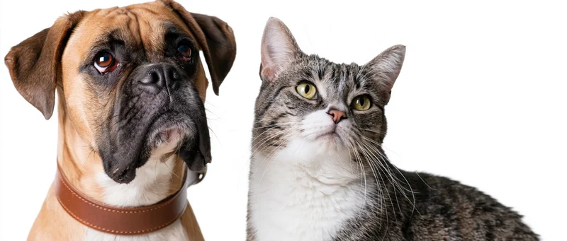 Boxer dog and tabby cat sitting side by side in studio portrait against white background