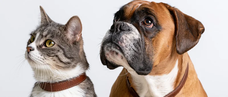 Boxer dog and tabby cat sitting close together looking upward in studio portrait