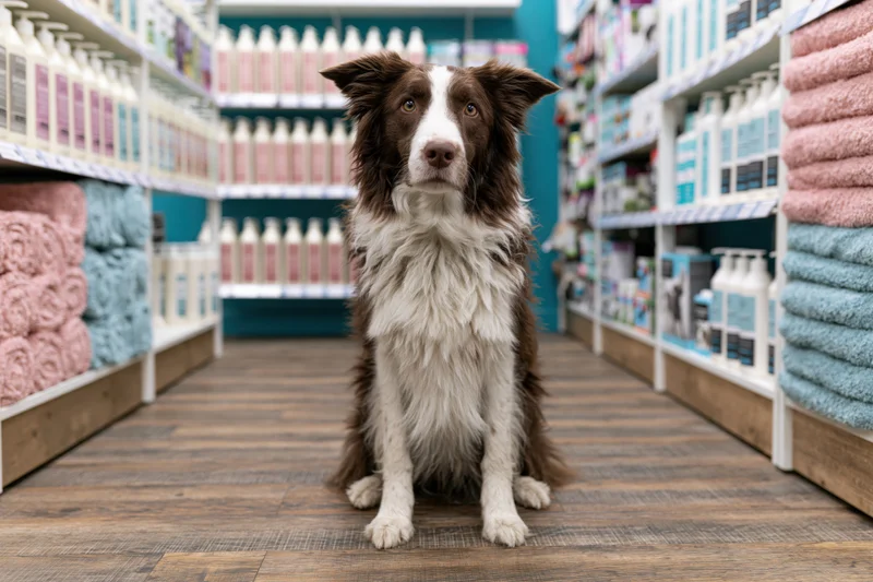 Border collie sitting upright in a store aisle between shelves of pet products and towels