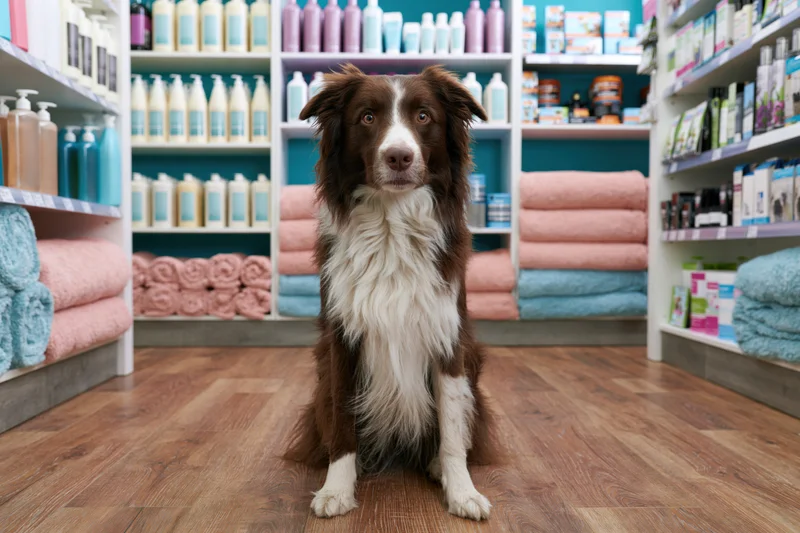 Brown and white border collie sitting upright on wood floor in pet store aisle with shelves of grooming products and folded towels