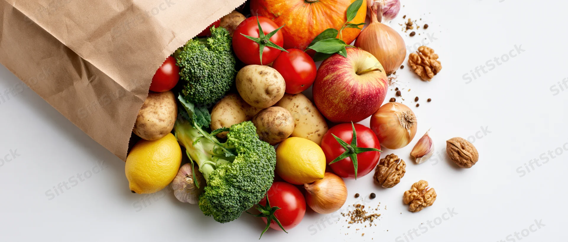 Grocery bag tipped over spilling fresh produce on white surface