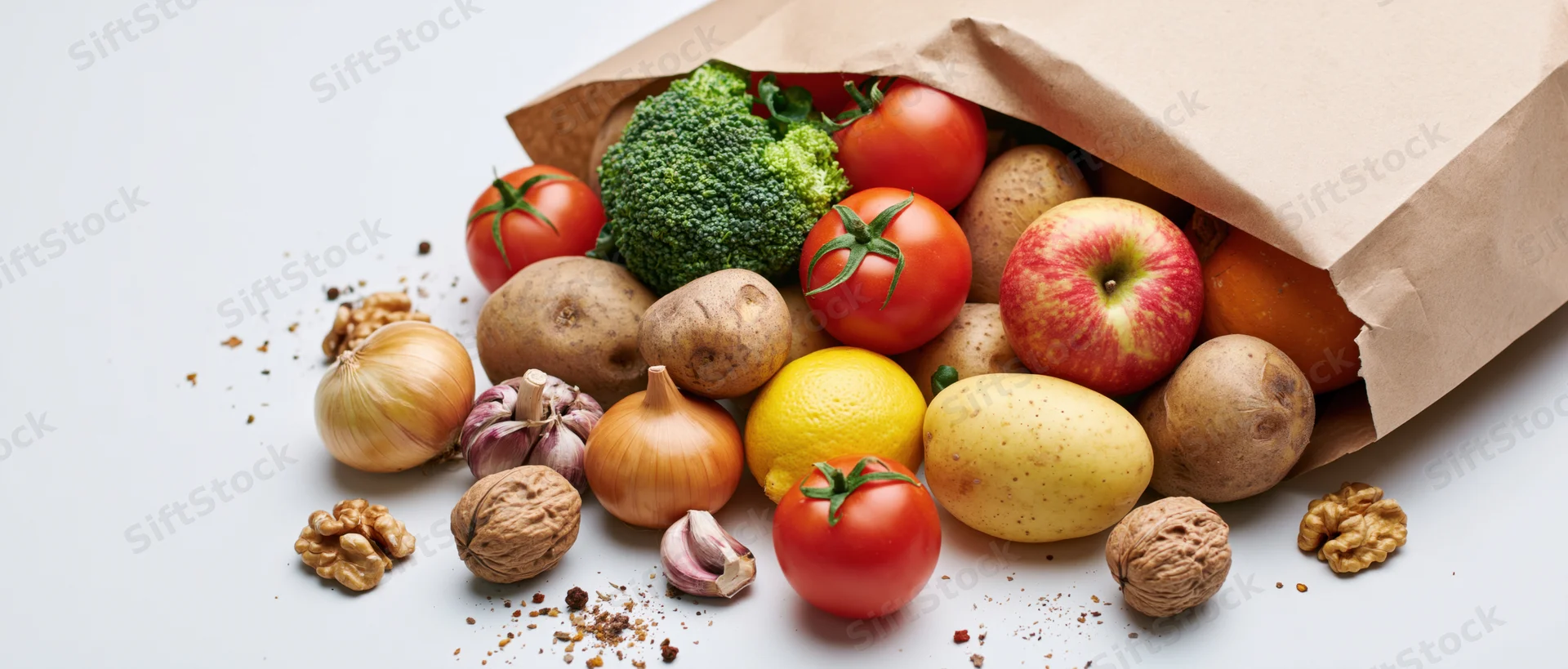 Brown paper grocery bag tipped over spilling fresh produce onto white surface
