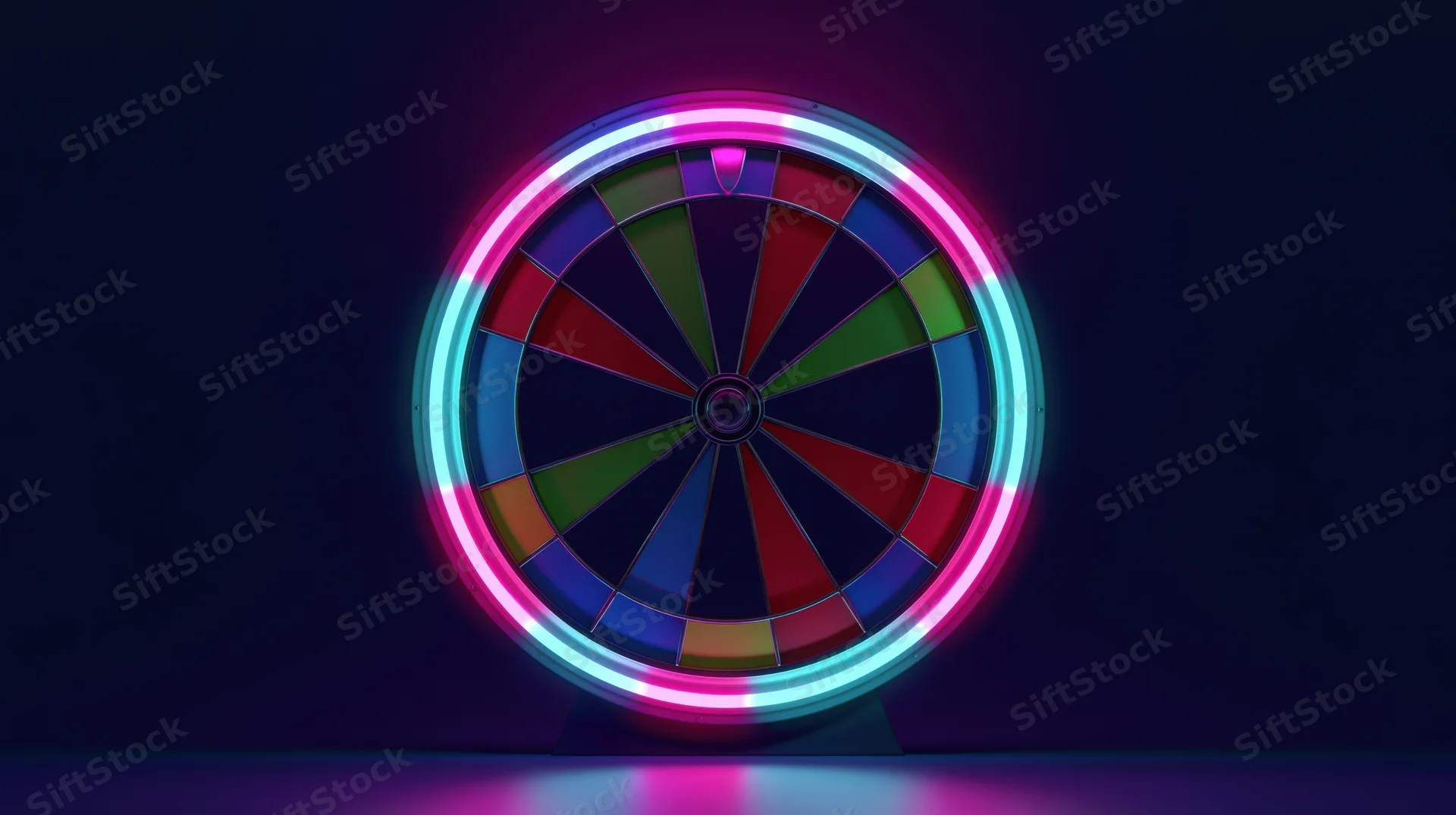 Neon-lit casino spin wheel glowing against dark blue background with reflection on floor