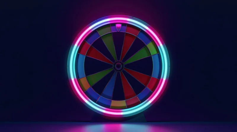 Neon-lit casino spin wheel glowing against dark blue background with reflection on floor