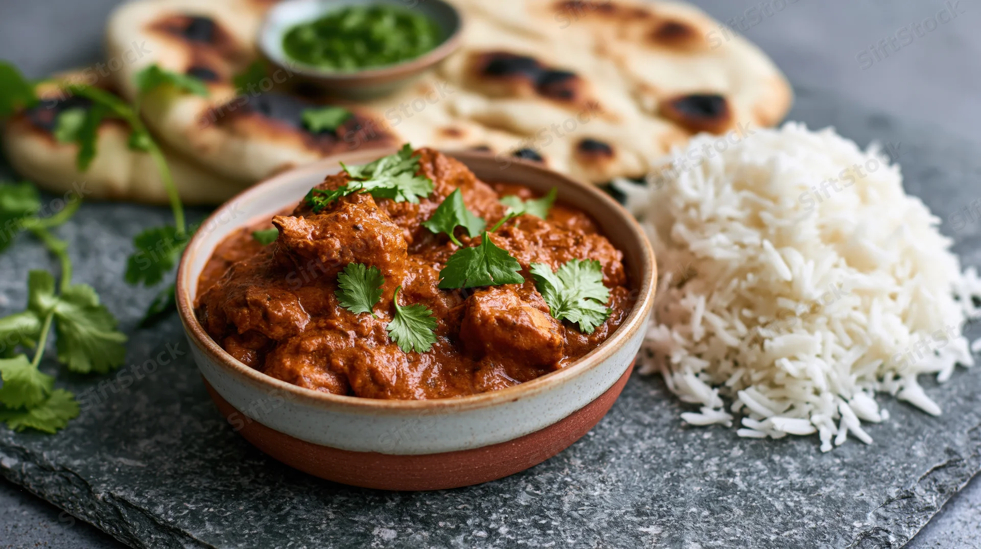 Chicken tikka masala curry in a ceramic bowl served with rice and naan on a slate plate