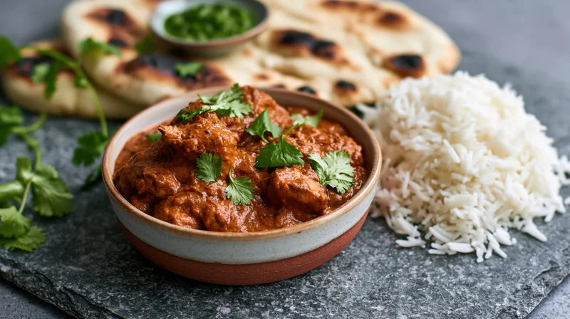 Chicken tikka masala curry in a ceramic bowl served with rice and naan on a slate plate