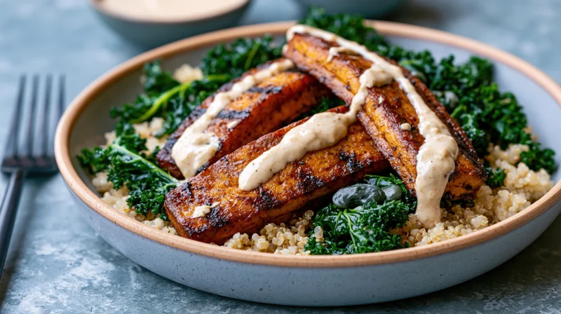 Grilled tofu slabs with sautéed kale and quinoa in a ceramic bowl