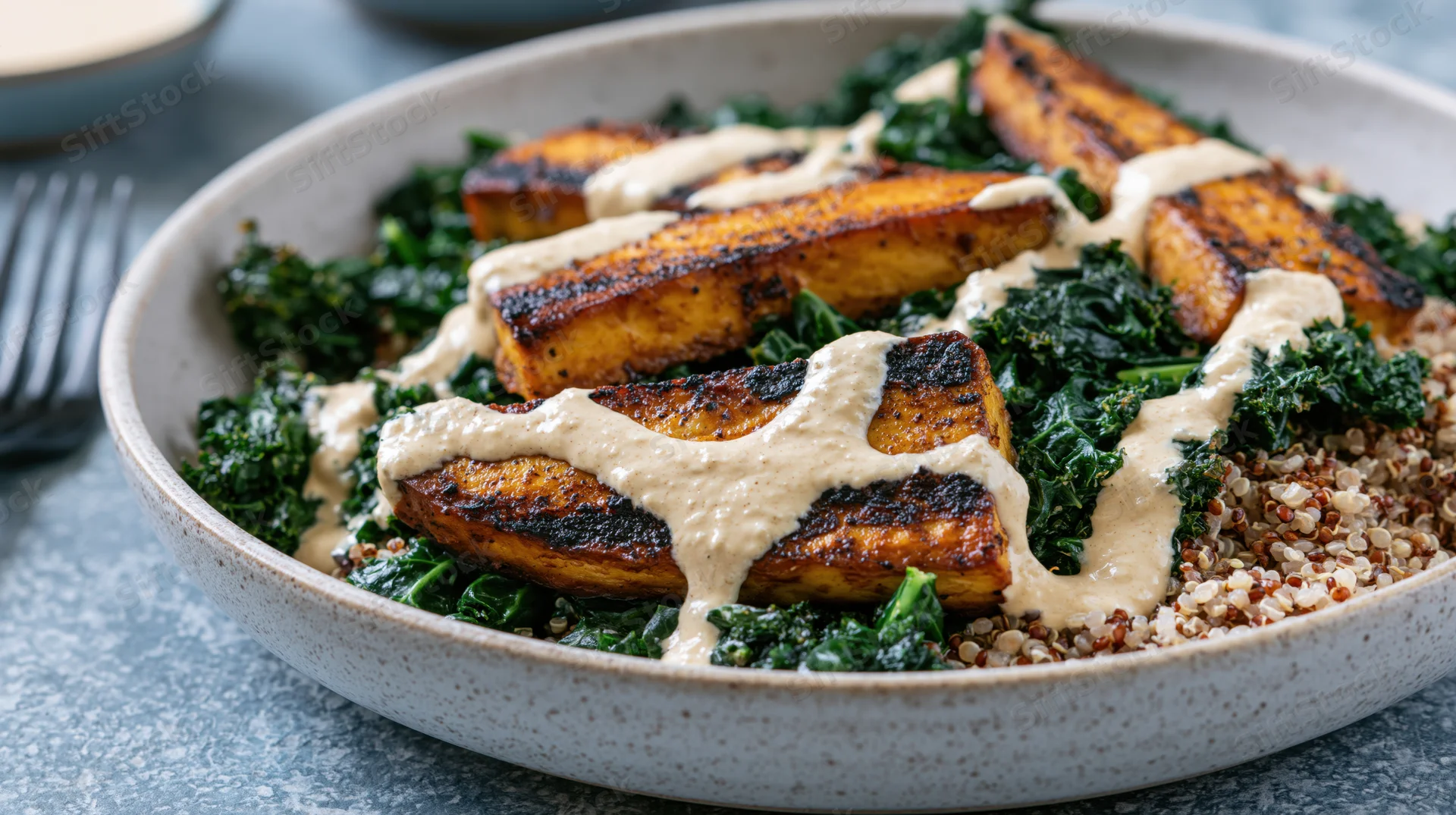 Grilled tofu slabs with sautéed kale and quinoa in a ceramic bowl, drizzled with creamy sauce