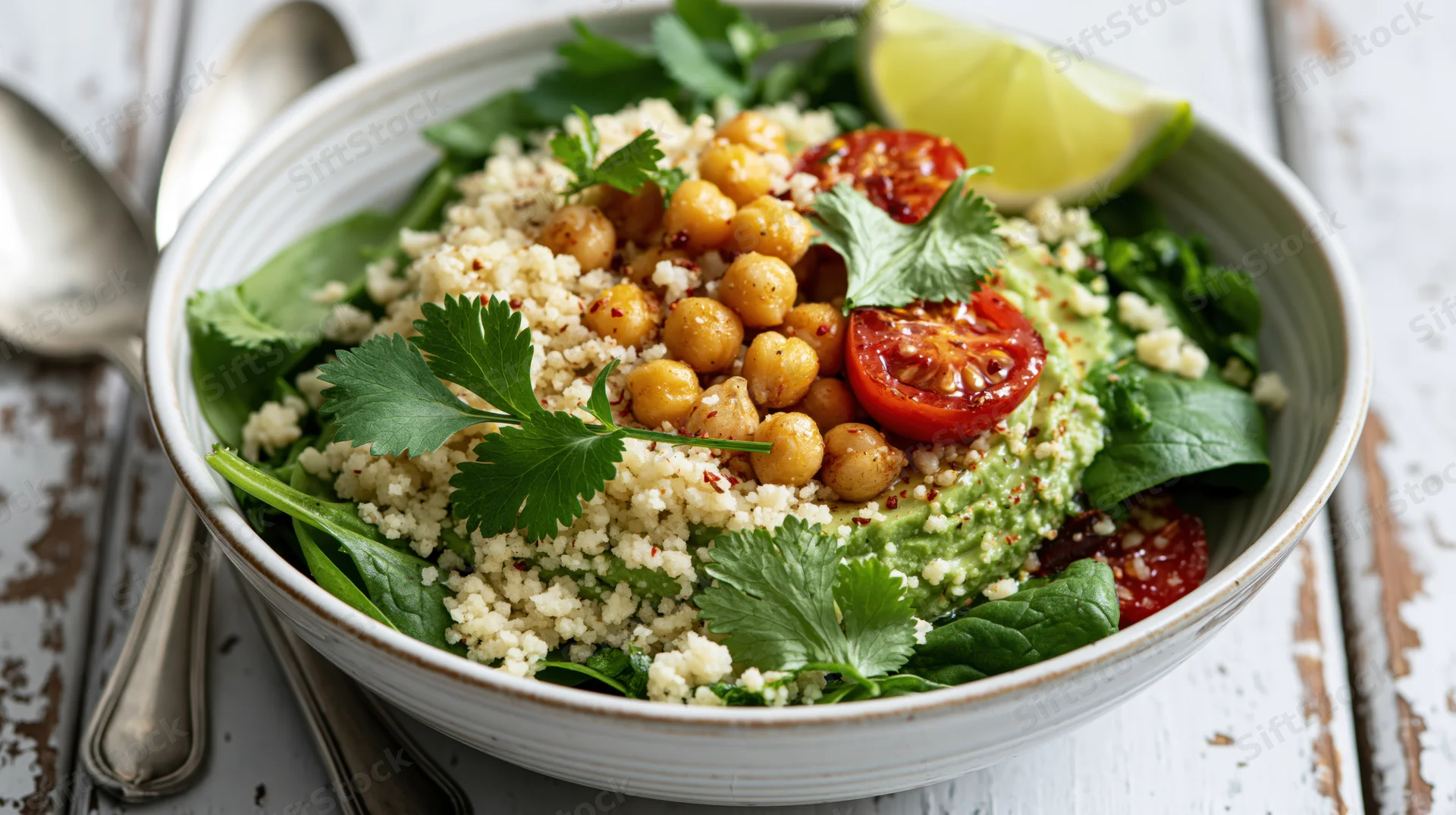 Ceramic bowl filled with spinach and avocado salad topped with chickpeas, quinoa, and cilantro on a rustic white table