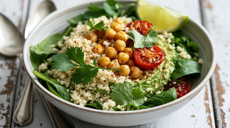 Ceramic bowl filled with spinach and avocado salad topped with chickpeas, quinoa, and cilantro on a rustic white table