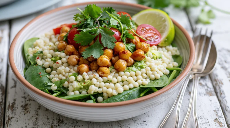 Ceramic bowl filled with spinach avocado salad topped with chickpeas couscous and cilantro on rustic wooden table with cutlery beside