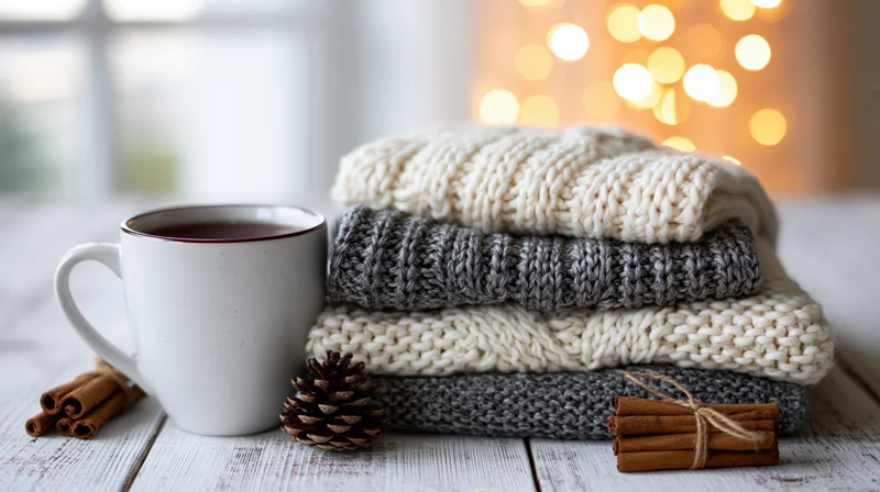 Ceramic mug of dark tea beside folded chunky knit sweaters on a wooden table with cinnamon sticks and pinecone, warm bokeh lights in background