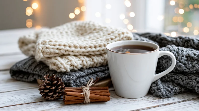 Ceramic mug of dark tea beside folded chunky knit sweaters on wooden table with pinecone and cinnamon sticks