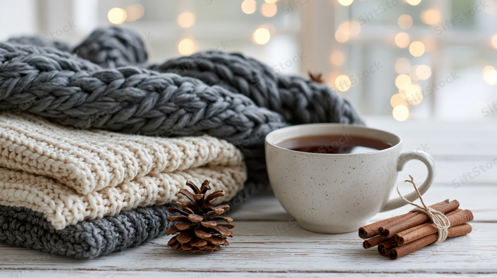 Ceramic mug of dark tea beside folded chunky knit sweaters on a wooden table with pinecone and cinnamon sticks, soft bokeh lights in background