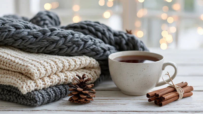 Ceramic mug of dark tea beside folded chunky knit sweaters on a wooden table with pinecone and cinnamon sticks, soft bokeh lights in background