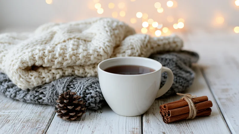 Ceramic mug of dark tea beside folded chunky knit sweaters on a white wooden table with pinecone and cinnamon sticks