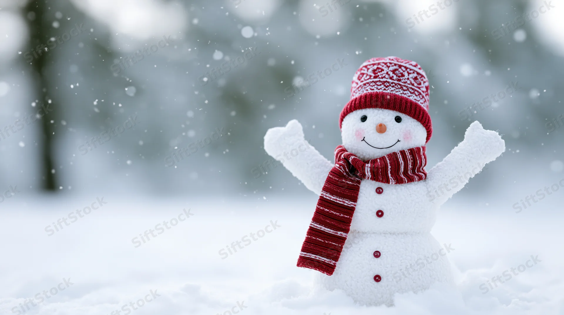 Cheerful snowman toy figurine with red hat and scarf standing in fresh snow with arms raised