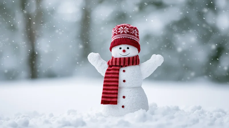 Cheerful snowman toy figurine with red hat and scarf standing in fresh snow with arms outstretched