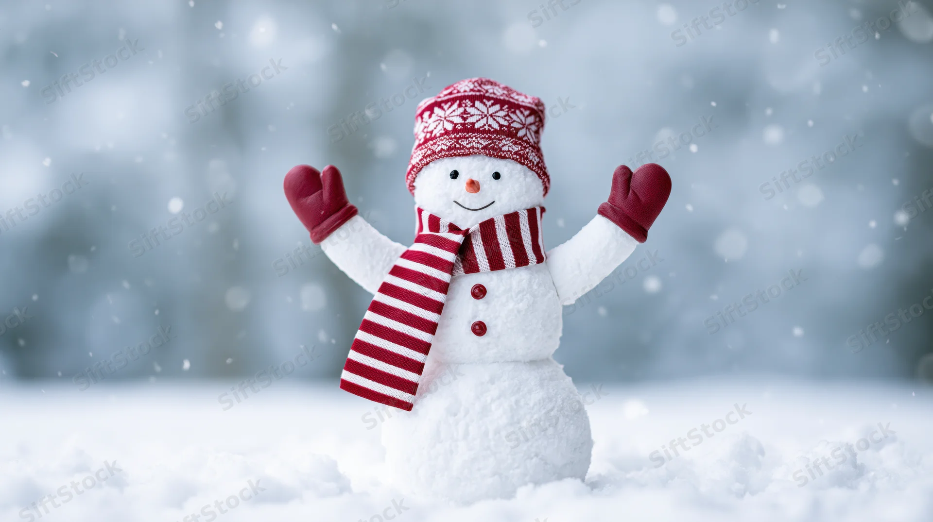 Cheerful snowman toy figurine with raised arms standing in fresh snow wearing red hat and striped scarf