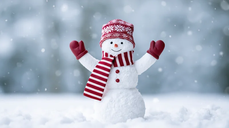 Cheerful snowman toy figurine with raised arms standing in fresh snow wearing red hat and striped scarf