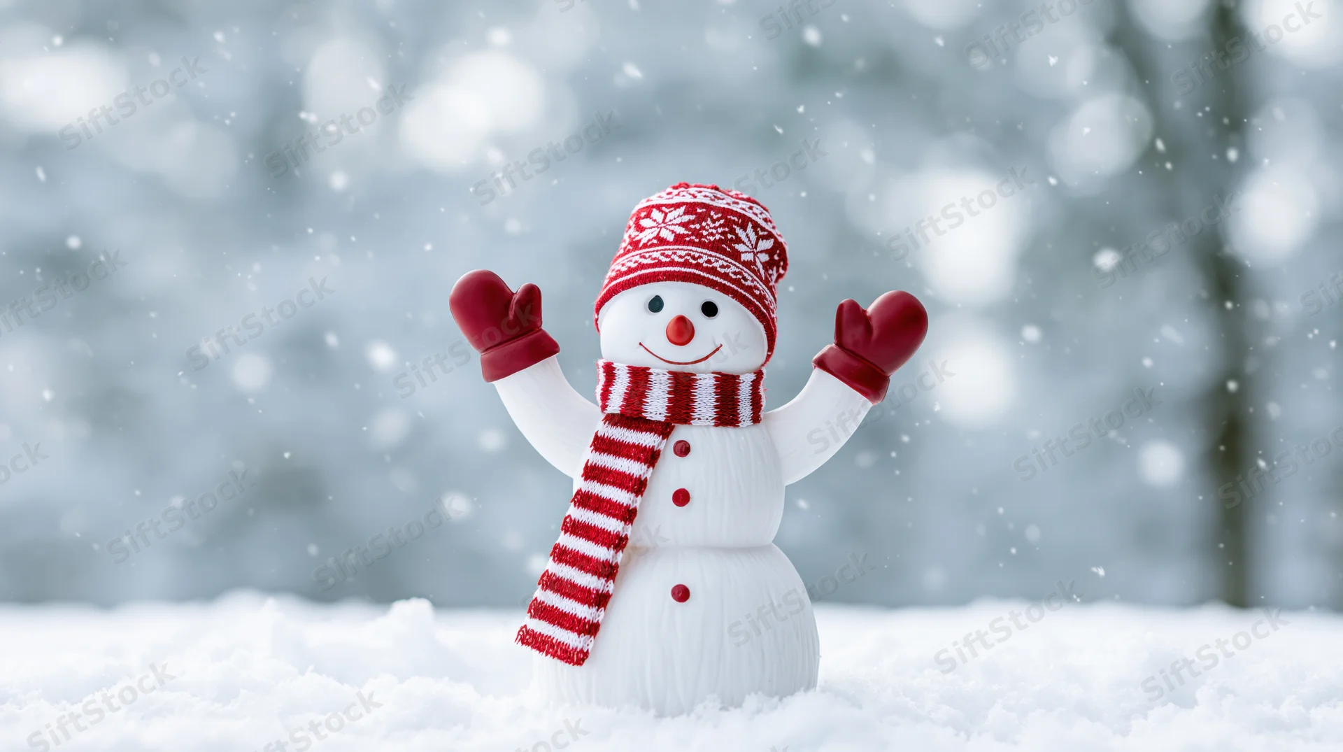 Cheerful snowman toy figurine with raised arms standing in fresh snow outdoors