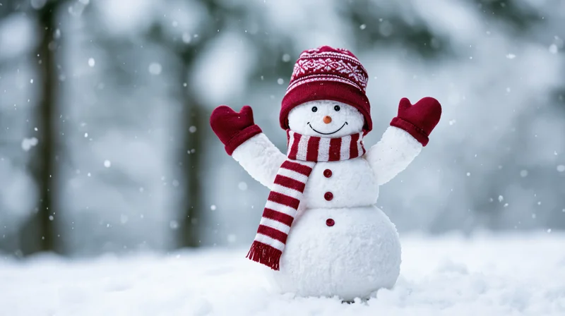 Cheerful snowman toy figurine with raised arms in fresh snow outdoors