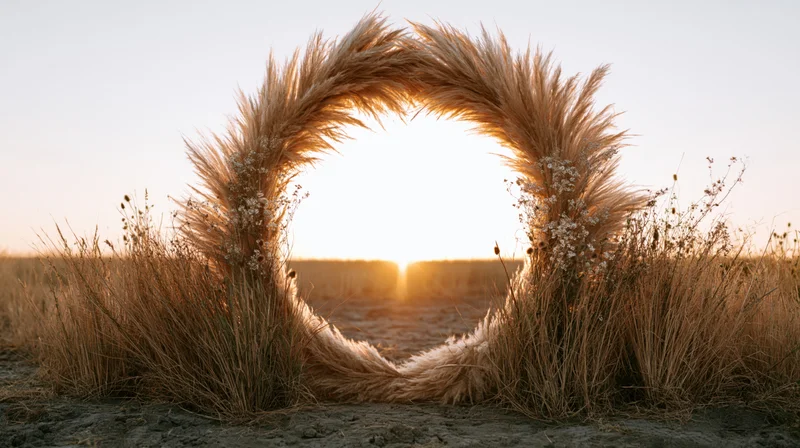 Circular wedding arch made of dried pampas grass in a field at sunset