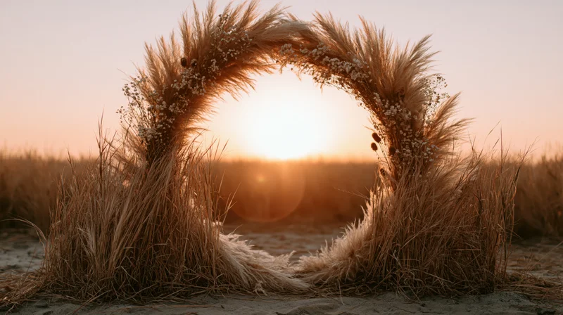 Circular wedding arch decorated with dried pampas grass on sandy beach at sunset