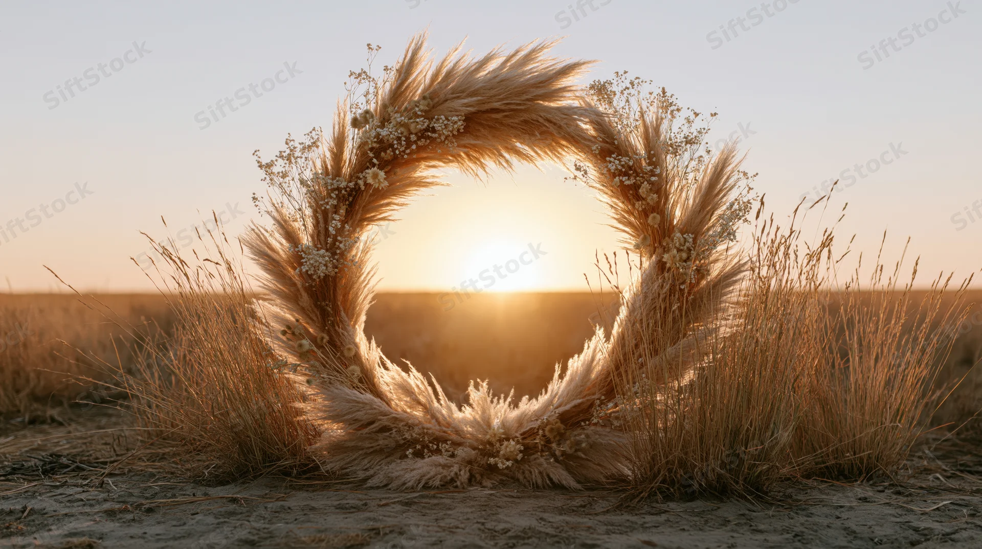 Circular wedding arch decorated with dried pampas grass and flowers set in a field at sunset