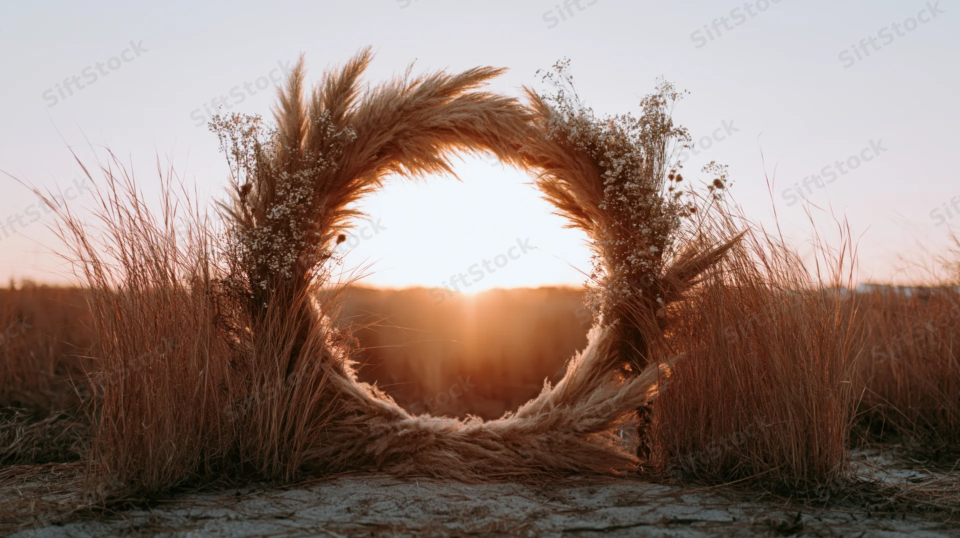 Circular wedding arch decorated with dried pampas grass and wildflowers at sunset in a field