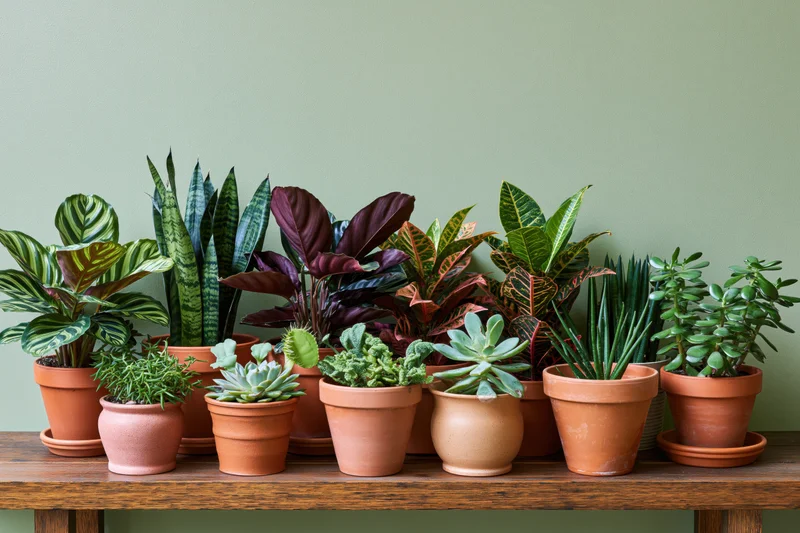 Assorted houseplants in terracotta pots arranged on a wooden shelf against a green wall
