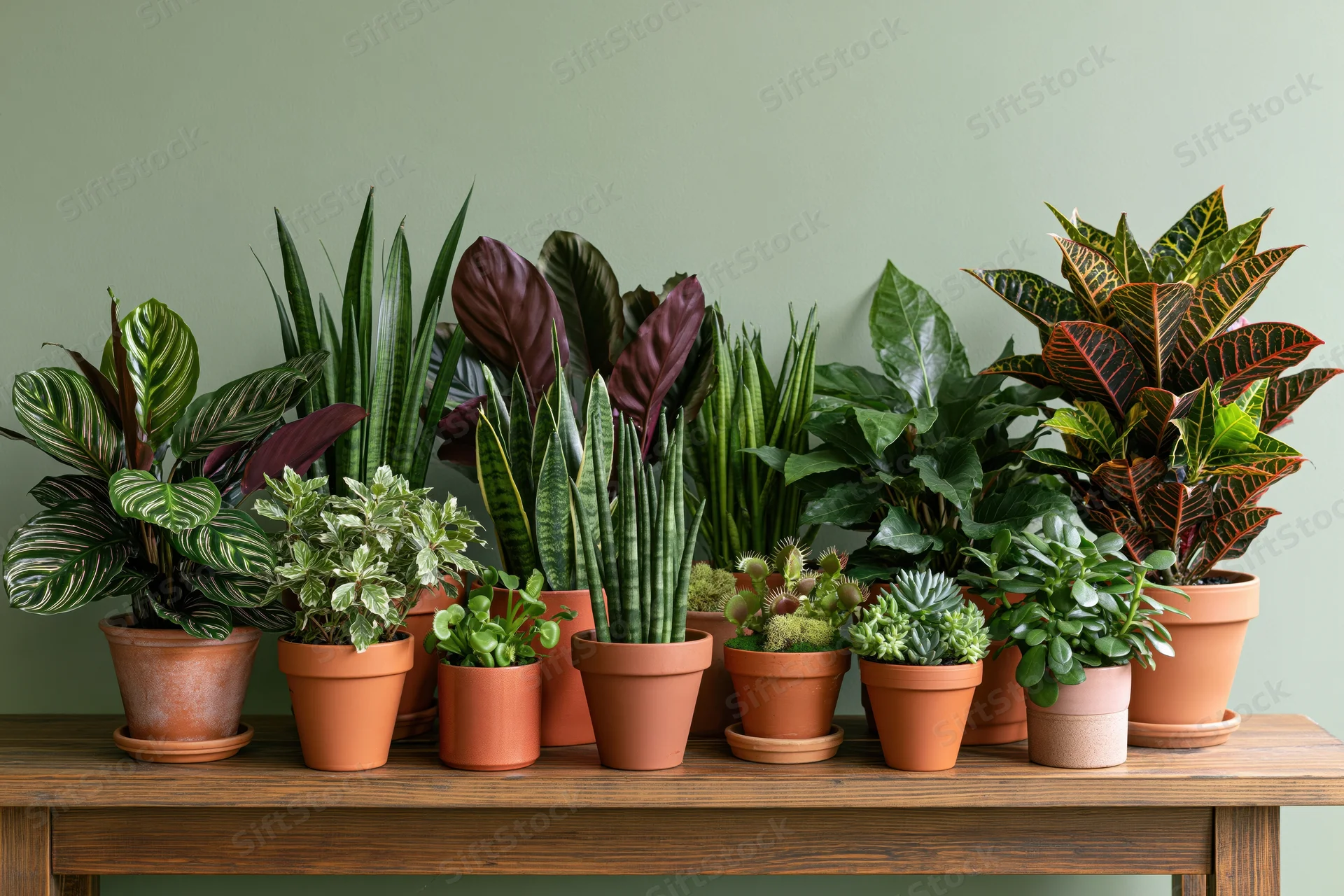 Assorted houseplants in terracotta pots arranged on a wooden table against a green wall