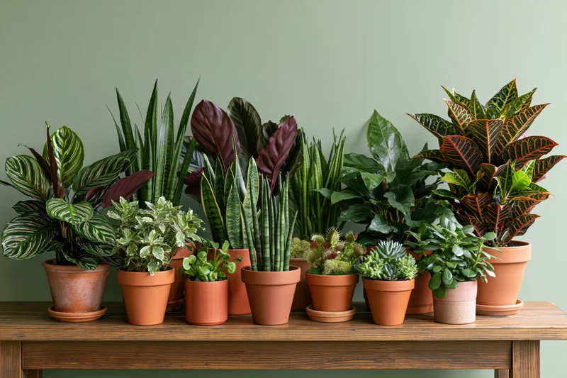 Assorted houseplants in terracotta pots arranged on a wooden table against a green wall