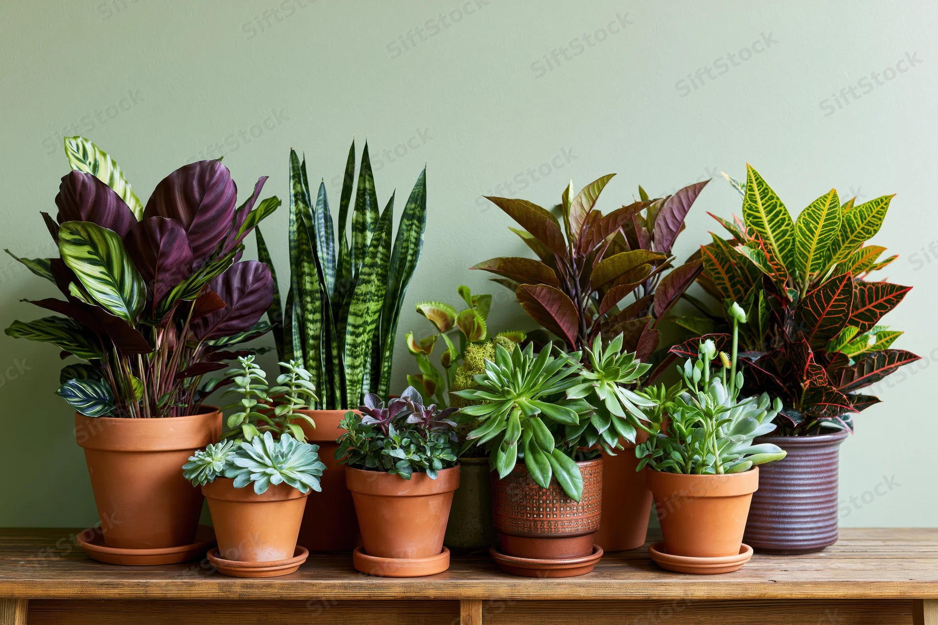Assorted houseplants in terracotta pots arranged on a wooden shelf against a green wall