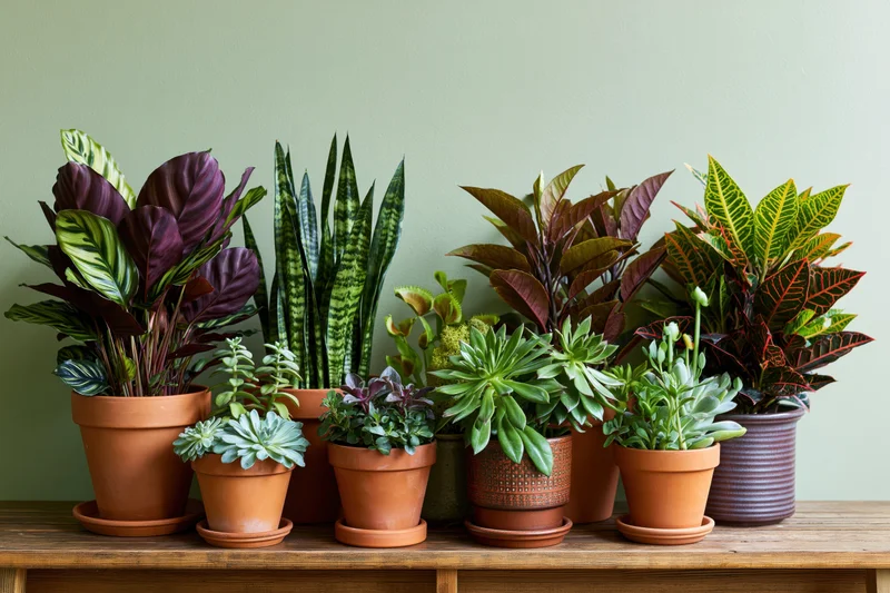 Assorted houseplants in terracotta pots arranged on a wooden shelf against a green wall