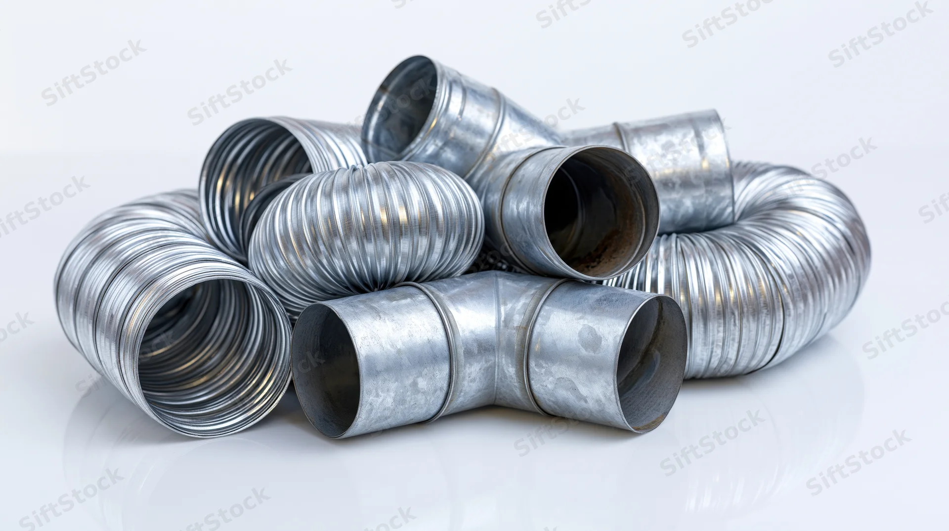 Galvanized steel hvac duct components arranged in a pile on a white surface