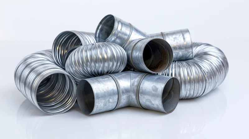 Galvanized steel hvac duct components arranged in a pile on a white surface